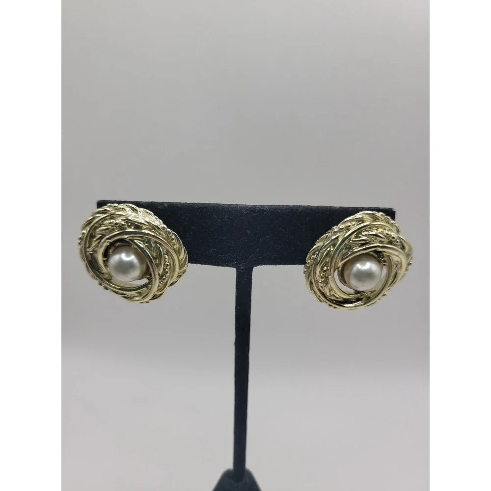 Gold Tone Swirl Knot Faux Pearl Stud Earrings Vintage Textured Rope Post Earring